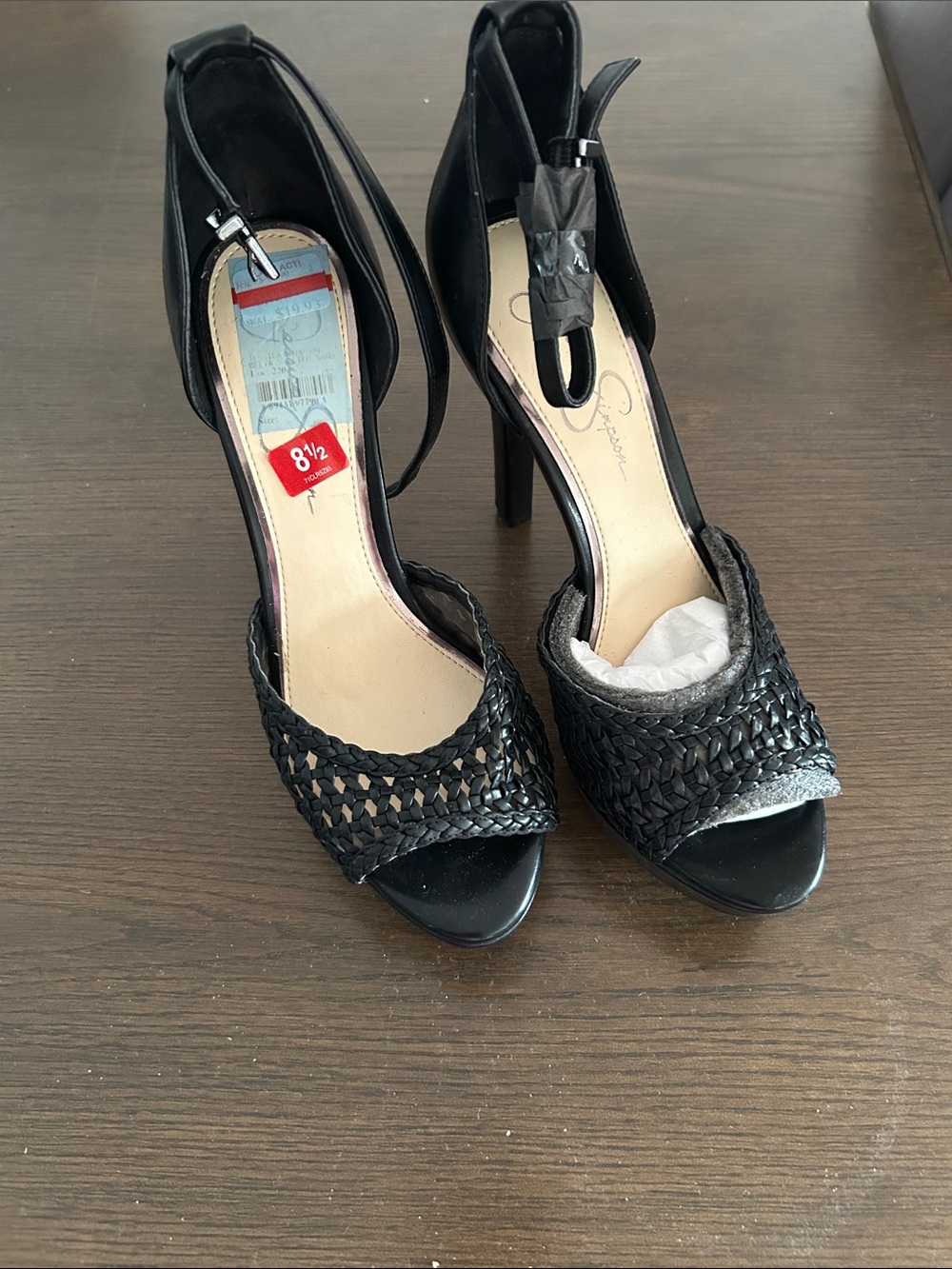 Jessica Simpson Black Woven Peep-Toe Ankle Strap Heels
